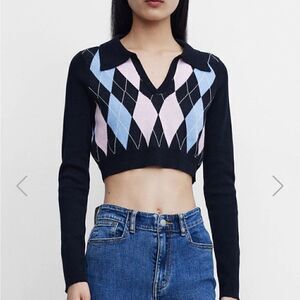 Urban revivo argyle crop sweater blue